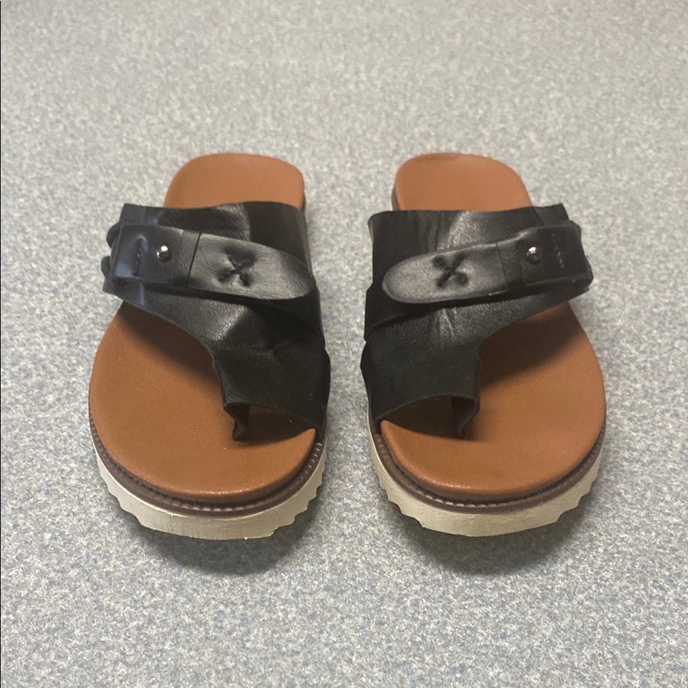 Black and Brown Slide Sandals with Buckle Details